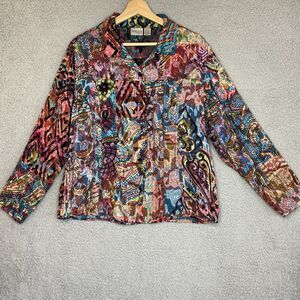 Chicos Sheer Patchwork Boho Silk Rayon Button Up Blouse Top Womens Large LS